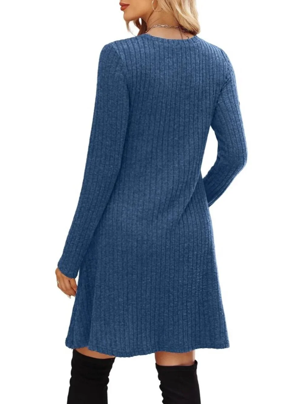 Women's Blue Long Sleeve Comfort Crew Neck Empire Waist Tunic Mini Dress - Picture 5 of 5